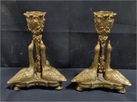 Pair of vintage brass swan candle holders