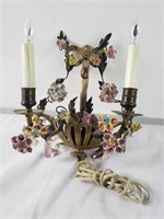 Brass & crystal floral sconce with porcelain