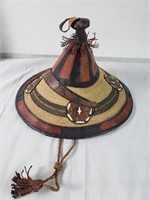 African Fulani woven tribal hat with leather trim