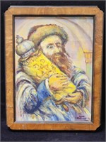 Signed oil on canvas, Rabbi holding Torah