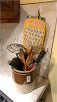 Crock lot of assorted kitchen Utensils and oven