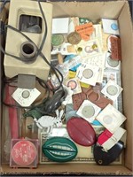 Box of coins, medals, pins, ephemera. In case