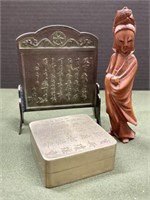 CHINESE INK CAKE BOX, CARVED WOODEN ASIAN FIGURE,