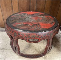 VINTAGE ASIAN RED LACQUERED ROUND TABLE 16in T x