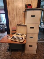 Mid-century school desk/chair, typewriter, phone