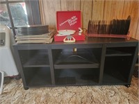 Mid century portable record player, stand, records