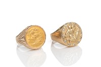 TWO 14K GOLD COIN SET RINGS, 31g