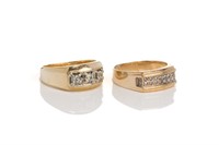 TWO MEN'S 10K GOLD AND DIAMOND RINGS, 21g