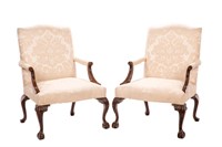PAIR OF UPHOLSTERED CHIPPENDALE STYLE ARMCHAIRS