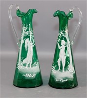 Pair of Victorian Emerald Green Glass Ewers