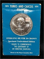 1974 TURKS AND CAICOS PROOF SILVER 20 CROWN