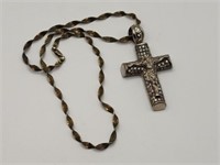 Large Sterling Crucifix Pendant & Braided Necklace