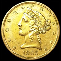 1905-S $5 Gold Half Eagle LIGHTLY CIRCULATED
