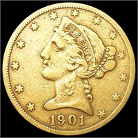 1901-S $5 Gold Half Eagle NICELY CIRCULATED
