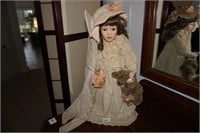 Collectible Porcelain Doll w/teddybear on stand