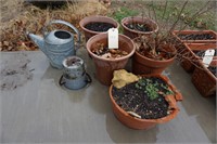 Assorted flower pots and water can