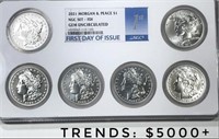 2021 Morgan & Peace Dollar 6 Coin NGC GEM UNC