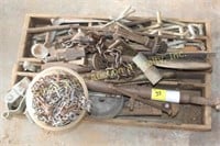 2 MISC. WOOD BOXES, BOLTS, CHAINS, FENCE PARTS