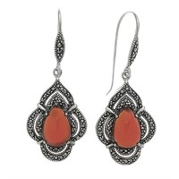 Silver Red Agate & Marcasite Pear Drop Earrings