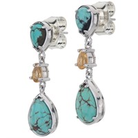 Silver Turquoise & Citrine 3-Stone Drop Earrings