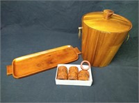 Kmc ice bucket, wooden tray, and wood napkin rings