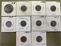 10 Early Lincoln Wheat Cents 1919,29,46,54s,55s,d