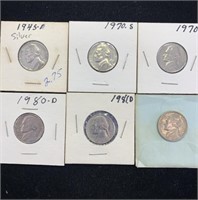 6 Unc Jefferson Nickels1945 Silver 70s, 80d ,81d..