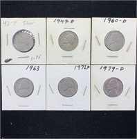6 Jefferson Nickels1942 Silver, 49,60,63,72,79d