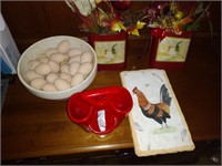 Roosters eggs and a variety of knick knacks with