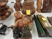 Carved wooden jar along with 4 carved figures.