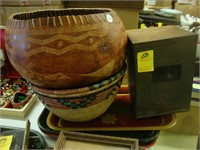 Bric-a-brac consisting of woven basket and gourd