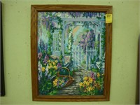 Paint-by-number painting of a garden gate.
