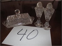 CRYSTAL BUTTER DISH AND S&P