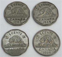 Four 1947-1964 Canada 5Cent Coins