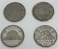 Four 1934-1964 Canada 5Cent Coins