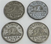 Four Canada 1946-1964 5Cent Coins