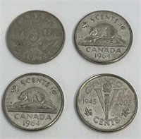 Four 1927-2005 Canada 5Cent Coins