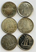 6 Canadian 10 Cent Coins Misc Years