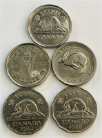 5 Canadian 5 Cent Coins Misc Years