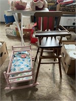 Rocking doll crib and wooden high chair