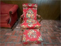 Antique Red Floral Arm Chair Queen Anne Legs &