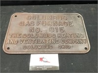 Columbus Gas Furnace Sign no 815 Cast Iron