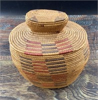 Hand woven grass basket, SW Alaska 7" tall, oval s