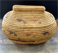 Very rare Hooper Bay grass basket with dyed sea gr