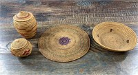 4 Hand woven mini grass baskets and trays various