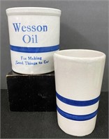 Vtg Wesson Oil Crock & Roseville Stoneware Mug