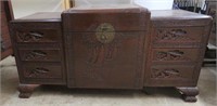 BEAUTIFUL ANTIQUE WOOD W/CARVED ASIAN MOTIF CHEST