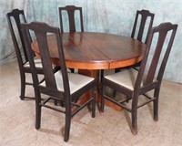ANTIQUE OAK ROUND TABLE & 5 CHAIRS DINING SET