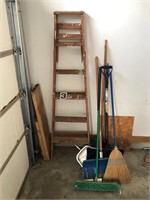 6' Wooden ladder & Rake-Show shovel-Brooms & dust