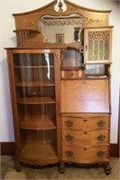 secretary w/curved glass cabinet, 4 drawer - 74"H